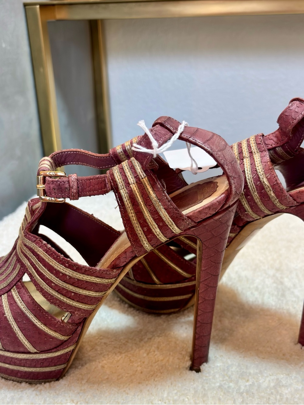 Dior Burgundy with Gold Trim Platform Strappy Heels - Picture 2 of 8
